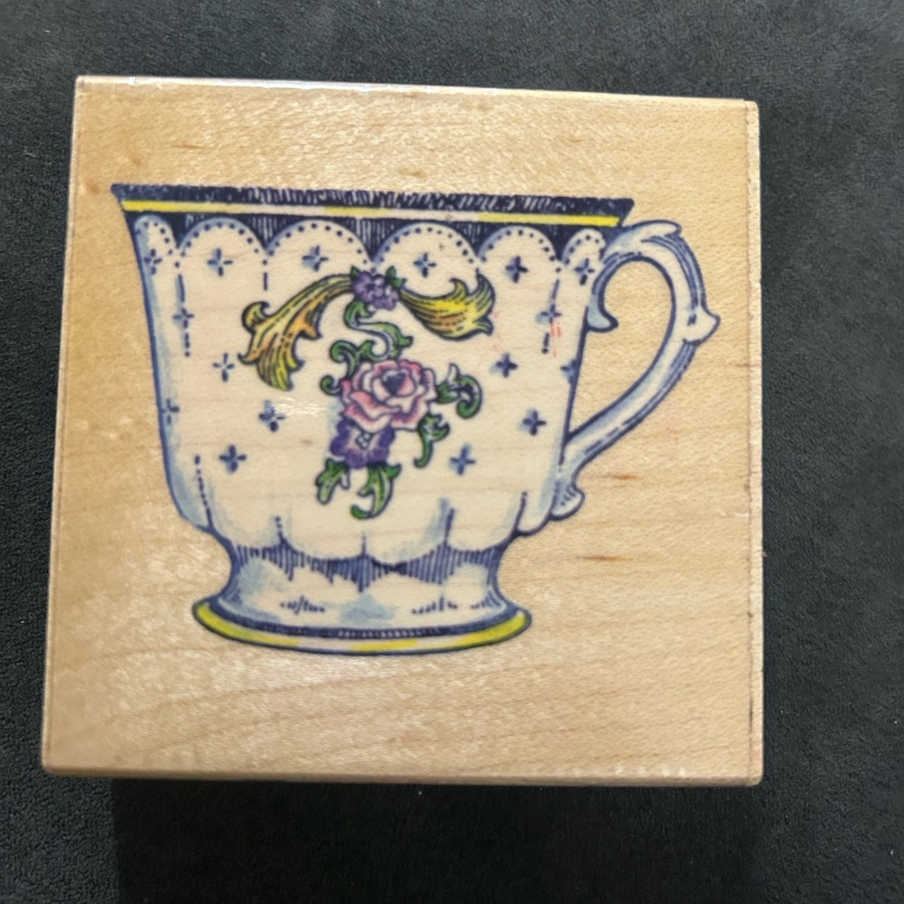 Floral Teacup Wood Rubber Stamp - Pink & Blue